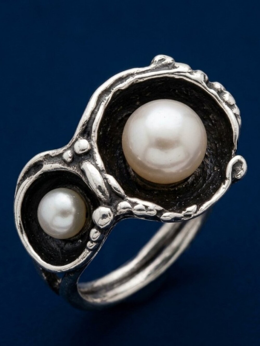 Vintage Mid-Century Modernist Sterling Silver Dual Pearl Shadowbox Ring